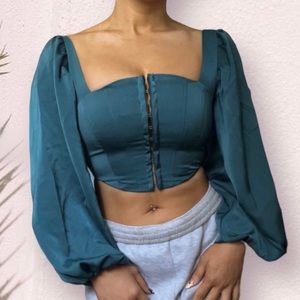 URBAN OUTFITTERS | TEAL CORSET TOP WITH BALLOON SLEEVES